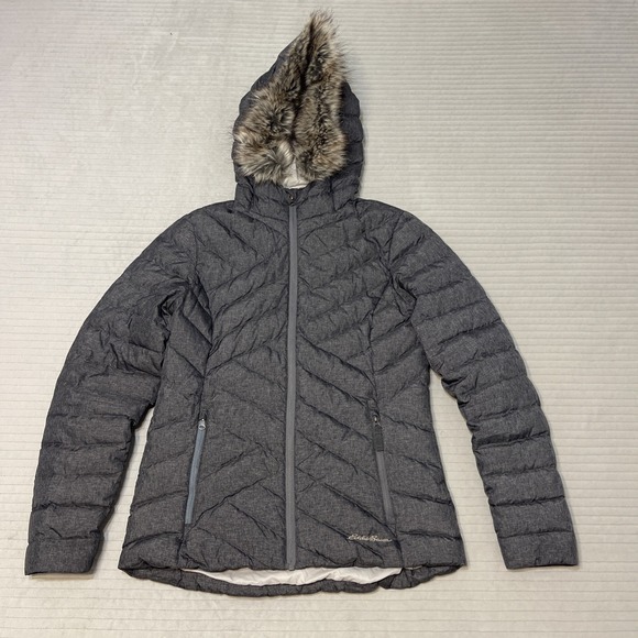 Eddie Bauer Jackets & Blazers - EDDIE BAUER Womens Sz S Slate Full Zip Faux Fur Hood Quilted Down Jacket